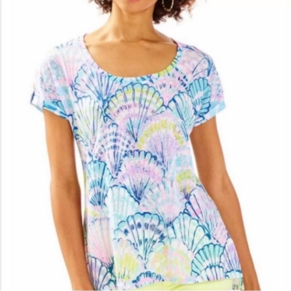 Lilly Pulitzer Irana Top Tee Shirt Shello Serene Blue 100% linen seashell Small
